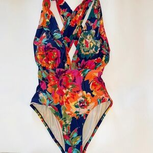 Sea Angel Swimsuit Deep Plunge Crossback One piece Floral sz L beach pool swim